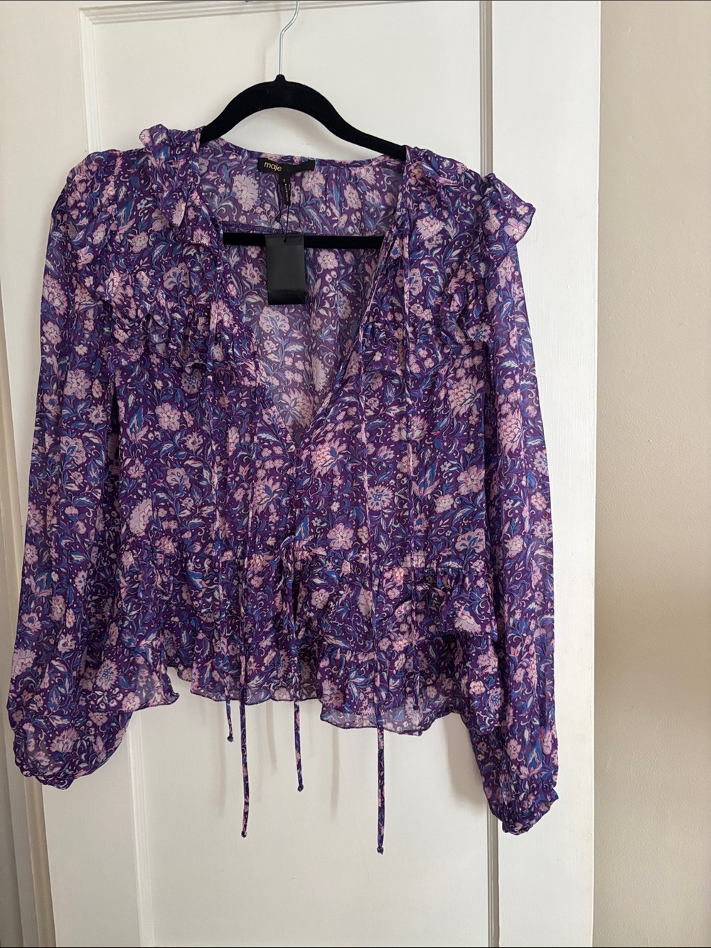 Maje Purple Floral Ruffle Tie-Front Blouse new with tags